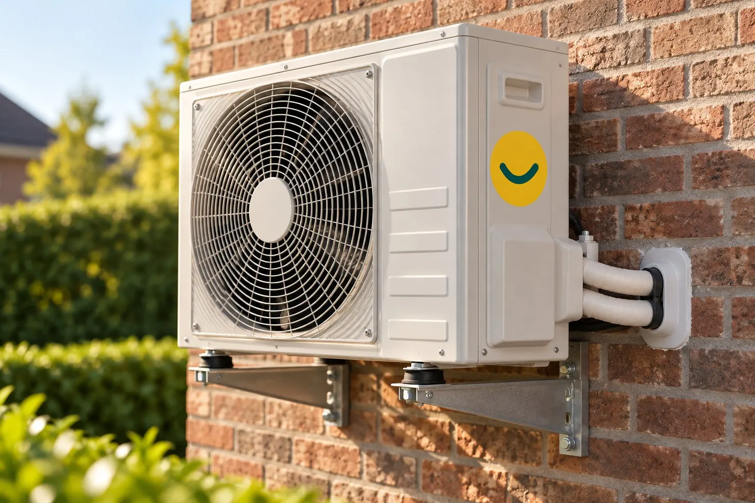 Buitenunit van een airco of warmtepomp aan de gevel, afgewerkt door Groen Vlaanderen