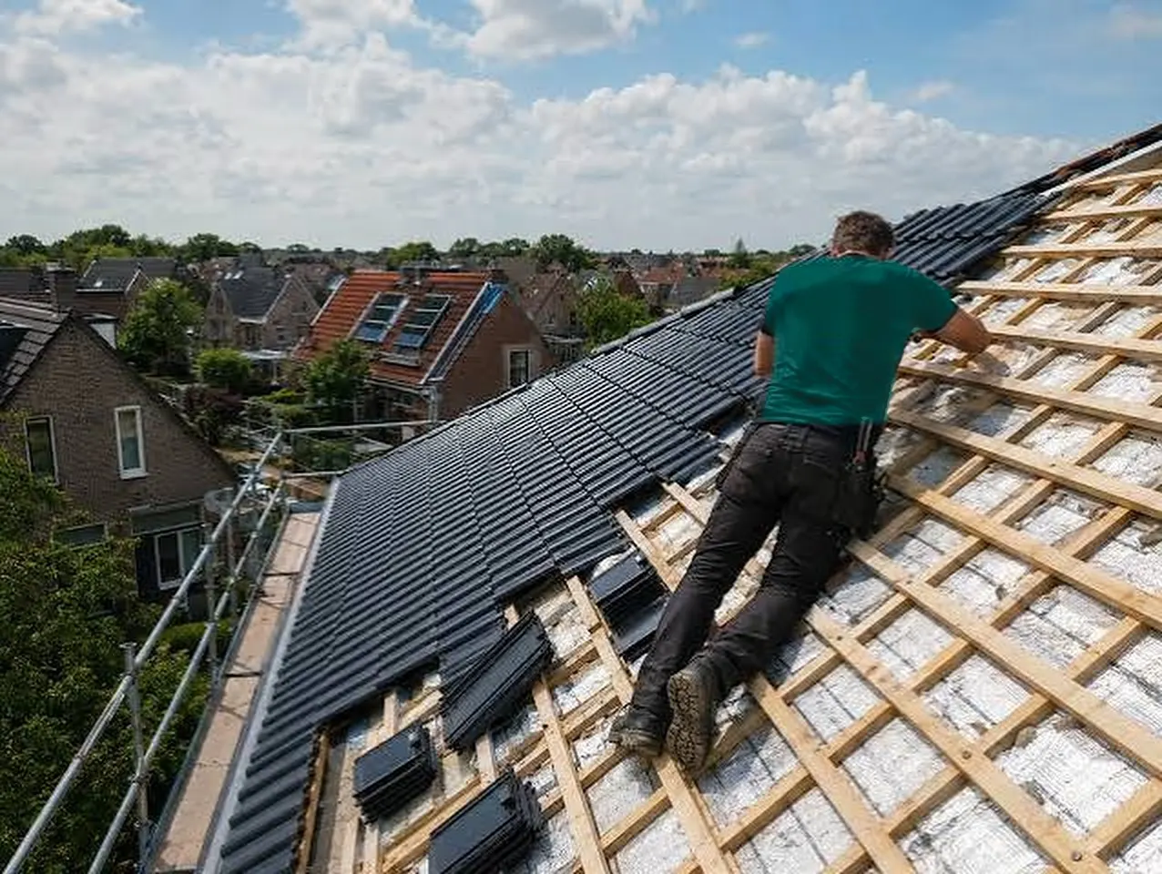 Dakwerker in een donkergroen T-shirt legt panlatten op een geïsoleerd dak, met zicht op het dorp