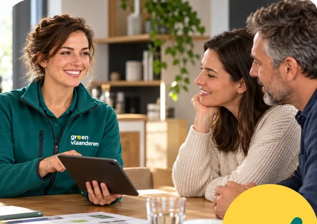 Adviseur van Groen Vlaanderen in werkkledij bespreekt met een koppel aan de keukentafel welke oplossing bij hun woning past