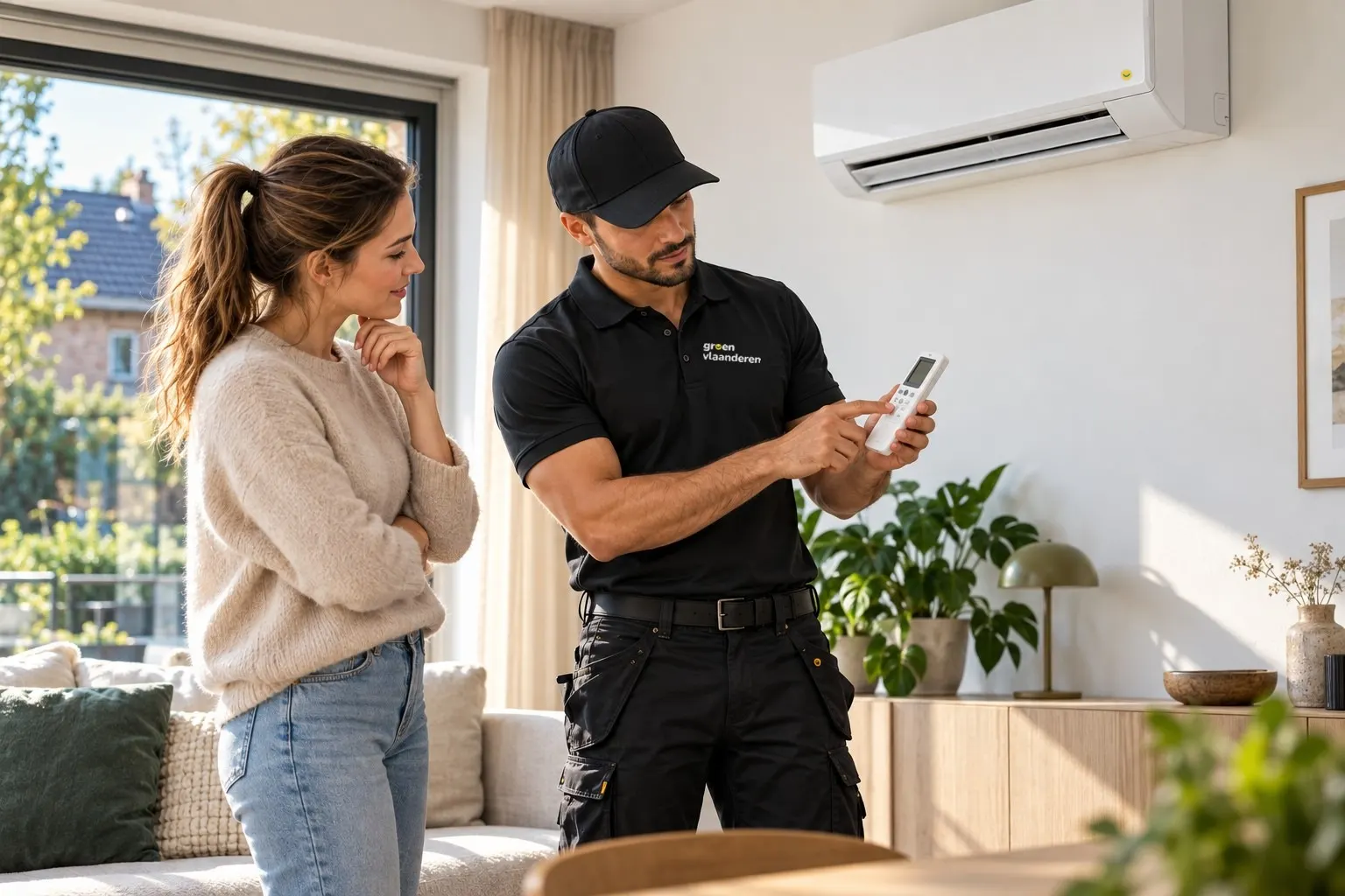 Installateur van Groen Vlaanderen hangt een airco binnenunit op in een living