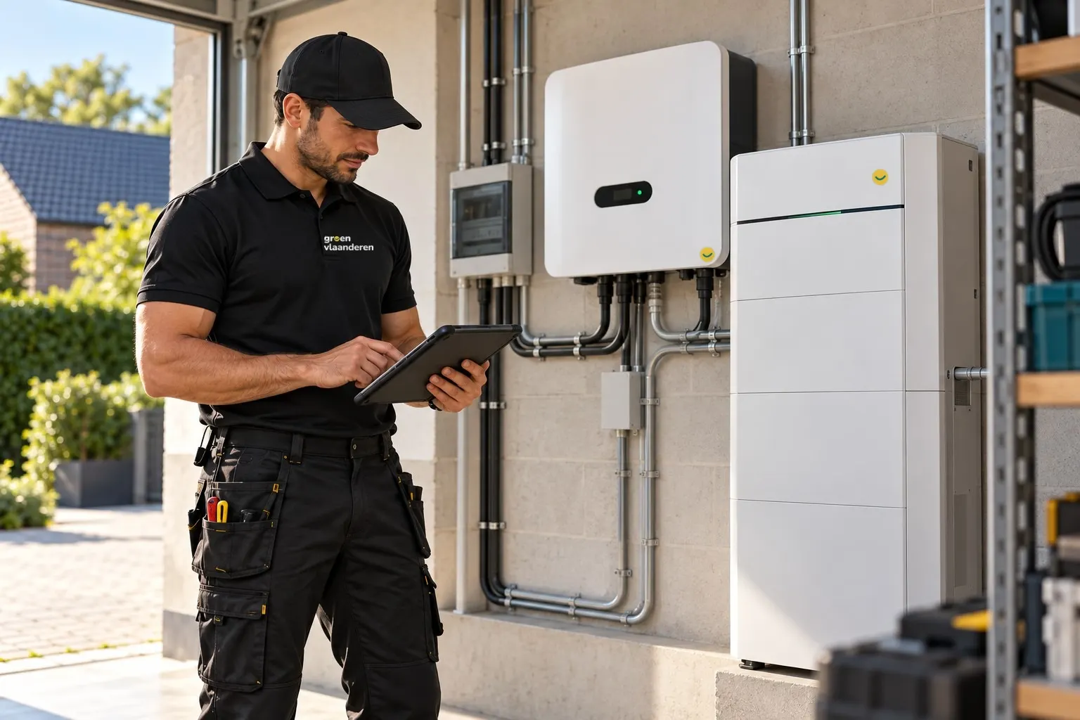 Installateur van Groen Vlaanderen monteert een thuisbatterij tegen de garagemuur